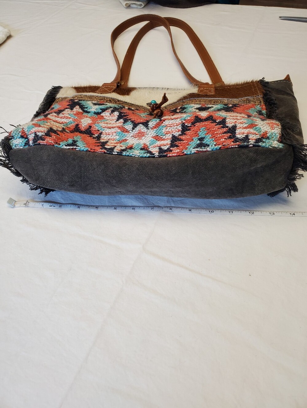Myra Bag Cowhide Aztec Tote Tooled Leather Turquoise Concho Western Fringe Purse - Picture 3 of 9